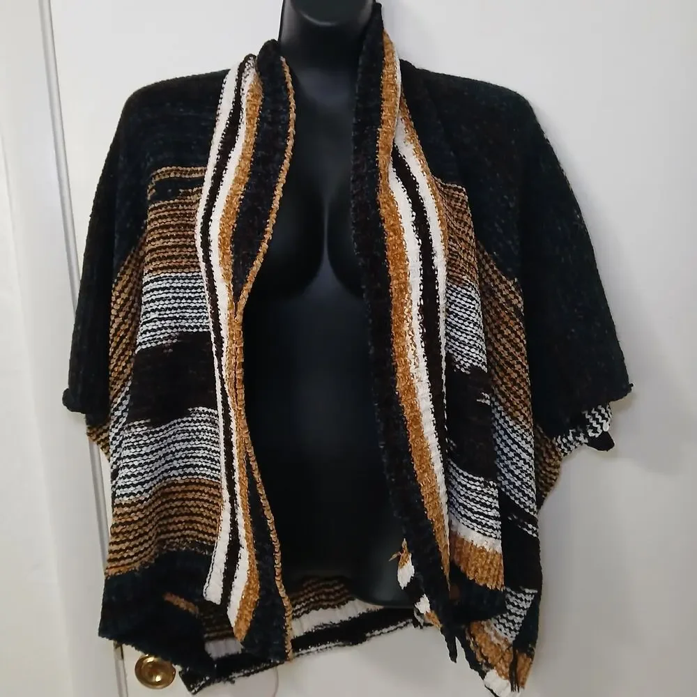 BKE Chenille Open Front Striped Cardigan Sweater XS/S Black Brown Tan‎ Boho Cozy